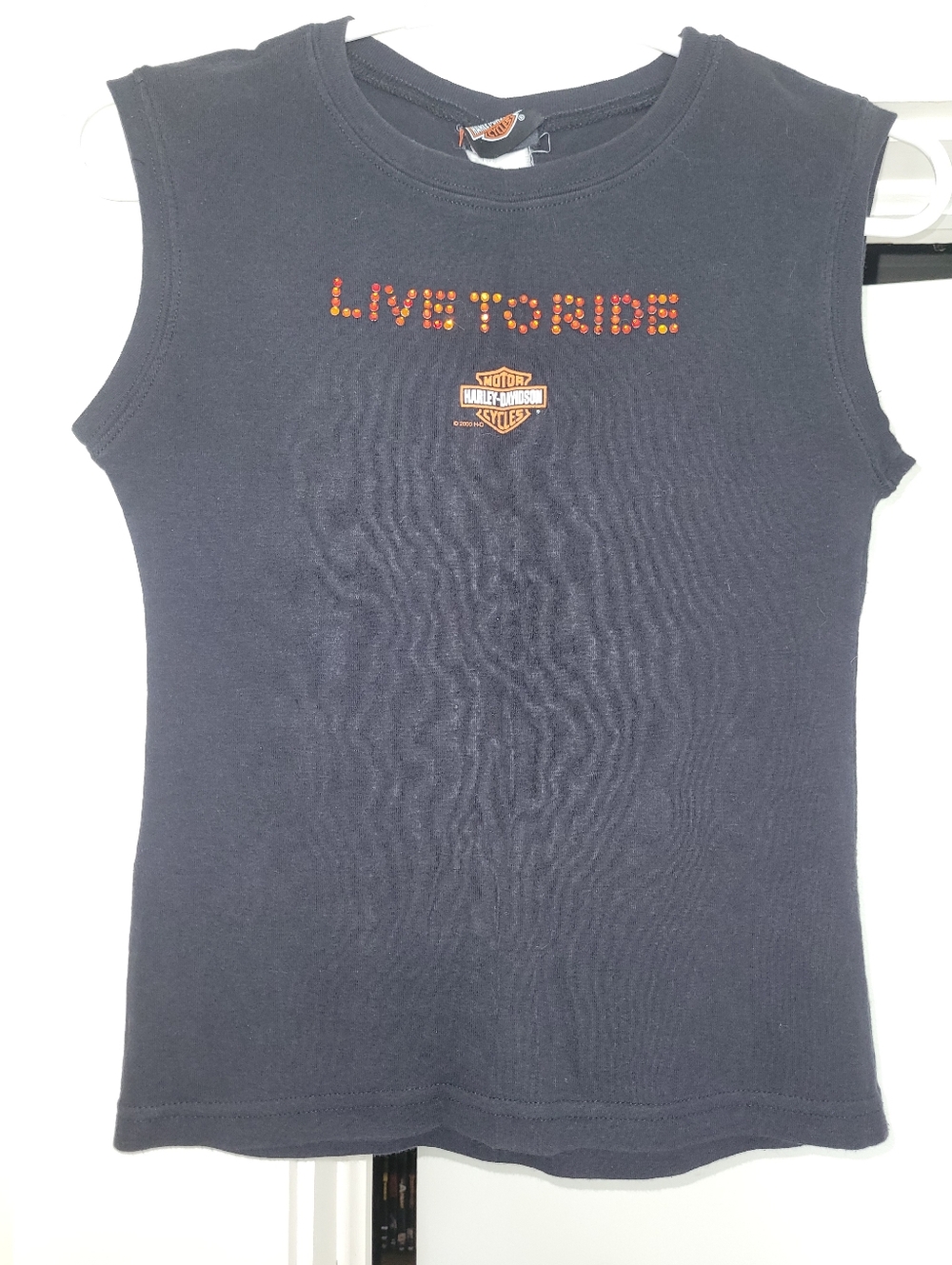Vintage Harley-Davidson Black Tank Top with Orange 'Live to Ride' Rhinestones
